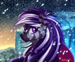 Size: 2702x2250 | Tagged: safe, artist:rublegun, oc, oc only, oc:lemrei, zebra, high res, piercing, snow, snowfall, solo