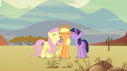 Size: 7680x4320 | Tagged: safe, artist:iknowpony, applejack, fluttershy, twilight sparkle, earth pony, pegasus, pony, unicorn, g4, the last roundup, .svg available, absurd resolution, cactus, cutie mark, desert, eyes closed, female, hooves, horn, lesbian, mare, open mouth, ship:appleshy, ship:twijack, shipping, smiling, snuggling, solo, trio, unicorn twilight, vector, wings