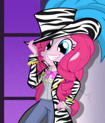 Size: 1700x2000 | Tagged: safe, artist:geraritydevillefort, pinkie pie, equestria girls, g4, clothes, crossover, cute, diapinkes, female, happy, hat, hat tip, night sky, pants, pimp, smiling, solo, stars, the scarlet pimpernel, top hat, window