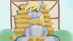 Size: 1280x720 | Tagged: safe, artist:jbond, derpy hooves, pegasus, pony, g4, chubby, fat, female, food, mare, muffin, solo