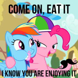 Size: 1077x1078 | Tagged: safe, screencap, pinkie pie, rainbow dash, pony, g4, caption, food, hat