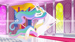 Size: 2560x1440 | Tagged: safe, artist:laszlvfx, artist:tamalesyatole, artist:tim015, edit, princess celestia, g4, castle, elegant, eyes closed, raised hoof, room, throne, vector, wallpaper, wallpaper edit