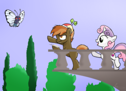 Size: 2708x1968 | Tagged: safe, artist:oinktweetstudios, button mash, sweetie belle, butterfree, g4, balcony, cutie mark, female, male, messy mane, open mouth, pokémon, pokémon go, raised hoof, ship:sweetiemash, shipping, straight, the cmc's cutie marks