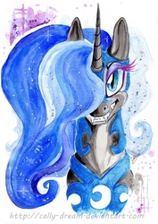 Size: 900x1273 | Tagged: safe, artist:donika-schovina, nightmare moon, g4, female, grin, looking at you, portrait, smiling, solo, traditional art