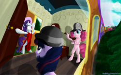 Size: 2000x1250 | Tagged: safe, artist:deathpwny, derpy hooves, pinkie pie, rarity, twilight sparkle, pegasus, pony, g4, bubble pipe, female, friendship express, mare, pipe, sherlock holmes, train, trio