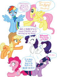 Size: 2406x3258 | Tagged: safe, artist:inkrose98, applejack, fluttershy, pinkie pie, rainbow dash, rarity, twilight sparkle, earth pony, pegasus, pony, unicorn, g4, body swap, comic sans, female, font, hilarious in hindsight, mane six, mare, monotype corsiva, open mouth, simple background, spread wings, transparent background, unicorn twilight, wings