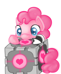 Size: 2000x2400 | Tagged: safe, artist:portal-pie, pinkie pie, earth pony, pony, g4, companion cube, crossover, female, portal (valve), simple background, solo, transparent background