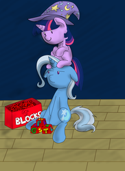 Size: 2550x3510 | Tagged: safe, artist:anname219, trixie, twilight sparkle, pony, unicorn, g4, box of blocks, female, filly, foal, inconvenient twilight, mare, the tables have turned, twilight sparklehigh