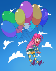 Size: 1249x1585 | Tagged: safe, artist:doorooz, pinkie pie, human, g4, balloon, cloud, female, humanized, light skin, sky, solo, then watch her balloons lift her up to the sky