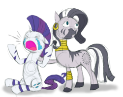 Size: 2244x1788 | Tagged: safe, artist:cordaxir, rarity, zecora, zebra, g4, alternate hairstyle, crying, duo, mane swap, mohawk, rarity hair, simple background, white background