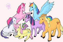 Size: 3387x2236 | Tagged: safe, artist:mineralrabbit, applejack, fluttershy, pinkie pie, rainbow dash, rarity, spike, twilight sparkle, g4, braid, braided tail, hoers, mane seven, mane six, mane six opening poses, realistic, scene interpretation