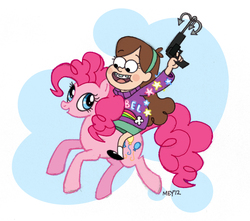Size: 2241x1984 | Tagged: safe, artist:daretobeboring, pinkie pie, pony, crossover, duo, grappling hook, gravity falls, humans riding ponies, mabel pines, riding