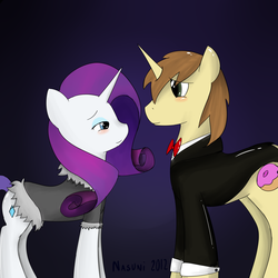 Size: 2000x2000 | Tagged: safe, artist:nasuni, donut joe, rarity, pony, unicorn, g4, clothes, duo, female, male, mare, rarijoe, shipping, stallion, straight, tuxedo