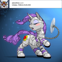 Size: 500x500 | Tagged: safe, artist:drjavi, rarity, oc, oc only, oc:r.a.r.i.t.a., pony, robot, robot pony, unicorn, g4, blushing, eyes closed, fabulous, fan, female, hooves, horn, mare, open mouth, raised hoof, raribot, solo, text, windswept mane