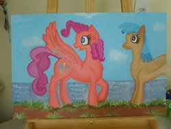 Size: 4608x3456 | Tagged: safe, artist:mildgyth, pinkie pie, sugar twist, pegasus, pony, g4, ocean, painting, photo, race swap, traditional art