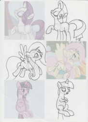 Size: 1702x2339 | Tagged: safe, artist:lazy-turtle, fluttershy, rarity, twilight sparkle, g4, the ticket master, anatomy, drawing, sketch, sketch dump, study, traditional art