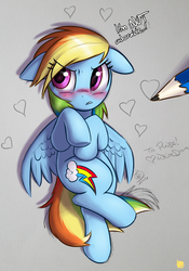 Size: 2100x3000 | Tagged: dead source, safe, artist:captainpudgemuffin, artist:whitediamonds, rainbow dash, pegasus, pony, g4, blatant lies, blushing, collaboration, cute, dashabetes, dialogue, embarrassed, eye clipping through hair, female, floppy ears, high res, i'm not cute, lies, lying down, madorable, mare, on back, pencil, solo, sweet dreams fuel, tsunderainbow, tsundere