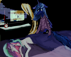 Size: 1280x1032 | Tagged: dead source, safe, artist:wisewatcher, princess celestia, princess luna, alicorn, pony, g4, bed, clothes, duo, nightgown, pajamas, sisters, sleeping, surreal