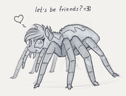 Size: 1280x971 | Tagged: safe, artist:yakovlev-vad, oc, oc only, monster pony, original species, spider, spiderpony, :3, adoracreepy, creepy, cute, grayscale, heart, looking at you, monochrome, solo, wat