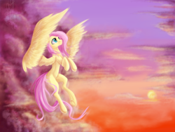 Size: 2828x2121 | Tagged: safe, artist:zefirayn, fluttershy, pegasus, pony, g4, cloud, female, flying, high res, mare, sky, solo, sun, underhoof