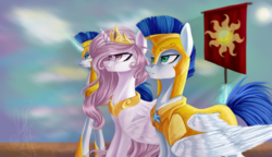 Size: 3231x1856 | Tagged: safe, artist:zefirayn, princess celestia, princess molestia, g4, banana, bananalestia, banner, food, magic, royal guard, telekinesis