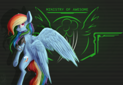 Size: 2944x2036 | Tagged: safe, artist:brisineo, artist:zefirayn, rainbow dash, pegasus, pony, fallout equestria, g4, bipedal, claws, cutie mark background, fanfic, fanfic art, female, high res, hooves, looking back, mare, ministry mares, ministry of awesome, solo, spread wings, text, wings