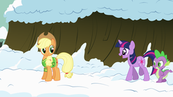 Size: 7680x4320 | Tagged: safe, artist:iknowpony, applejack, spike, twilight sparkle, dragon, earth pony, pony, unicorn, g4, season 1, winter wrap up, absurd resolution, clothes, cowboy hat, cutie mark, female, hat, hooves, horn, looking back, male, mare, open mouth, plant team, scene interpretation, smiling, snow, talking, trio, unicorn twilight, vector, vest, walking, winter, winter wrap up vest