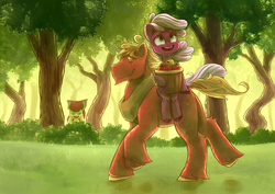 Size: 2400x1700 | Tagged: safe, artist:yellow-snail, apple bloom, big macintosh, cheerilee, earth pony, pony, g4, apple, apple bloom the shipper, bucket, cheerliee riding big macintosh, food, forest, male, ponies riding ponies, riding, ship:cheerimac, shipper on deck, shipping, size difference, stallion, straight, unshorn fetlocks