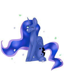 Size: 2000x2000 | Tagged: safe, artist:wowerzz, princess luna, g4, female, flower, high res, leaves, one eye closed, simple background, sitting, solo, transparent background, wink