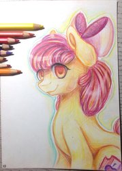 Size: 1024x1427 | Tagged: safe, artist:apelsin228, apple bloom, g4, cutie mark, female, solo, the cmc's cutie marks, traditional art