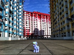 Size: 1024x765 | Tagged: safe, artist:onlyfactory, edit, cloudchaser, g4, bootleg, irl, photo, plushie, ponies around the world, rochor centre, singapore, solo