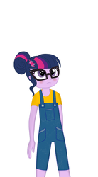 Size: 826x1500 | Tagged: safe, artist:samey90, sci-twi, twilight sparkle, equestria girls, g4, adorkable, alternate clothes, blushing, clothes, cute, dork, freckles, glasses, overalls, simple background, t-shirt, twiabetes, white background, younger