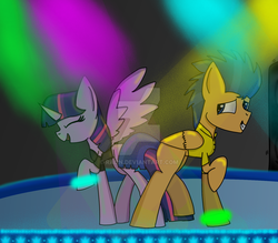 Size: 1024x896 | Tagged: safe, artist:rai2n, flash sentry, twilight sparkle, alicorn, pony, g4, bracelet, clothes, dancing, eyes closed, female, glowstick, grin, jewelry, male, nightclub, open mouth, polo shirt, rave, ship:flashlight, shipping, shirt, smiling, spread wings, straight, twilight sparkle (alicorn), watermark