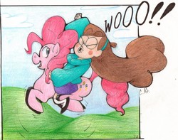 Size: 2491x1962 | Tagged: safe, artist:caleighrg, pinkie pie, g4, crossover, gravity falls, humans riding ponies, mabel pines, male, riding, traditional art