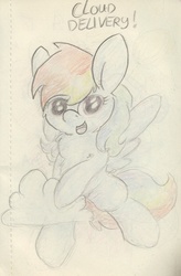 Size: 675x1028 | Tagged: safe, artist:slightlyshade, rainbow dash, g4, cloud, female, open mouth, solo, traditional art