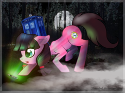 Size: 1280x956 | Tagged: safe, artist:zhozabel, oc, oc only, oc:macdolia, earth pony, pony, doctor who, fog, forest, moon, night, pigtails, sonic screwdriver, tardis