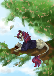 Size: 1024x1440 | Tagged: safe, artist:biakela, artist:dawn22eagle, moondancer, classical unicorn, pony, unicorn, g4, book, cloven hooves, dock, female, horn, leonine tail, prone, reading, solo, tree, tree branch, unshorn fetlocks