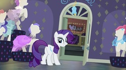 Size: 1100x618 | Tagged: safe, screencap, rarity, pony, unicorn, g4, the saddle row review, butt, female, manehattan, mannequin, mare, plot, rarity for you, saddle row