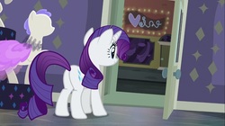 Size: 1100x618 | Tagged: safe, screencap, rarity, pony, unicorn, g4, the saddle row review, butt, female, manehattan, mannequin, mare, plot, rarity for you, saddle row