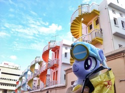 Size: 1024x764 | Tagged: safe, artist:onlyfactory, edit, cloudchaser, g4, bootleg, bugis, irl, photo, plushie, ponies around the world, singapore, solo, staircase