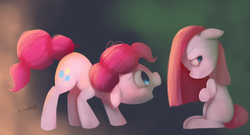 Size: 1480x800 | Tagged: dead source, safe, artist:xiao668, pinkie pie, earth pony, pony, g4, concerned, duality, duo, female, filly, filly pinkie pie, floppy ears, looking at someone, looking away, mare, open mouth, pinkamena diane pie, self paradox, self ponidox, sitting, straight mane, younger