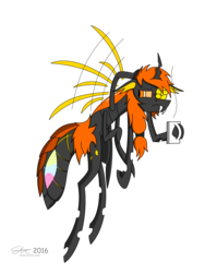 Size: 3400x4533 | Tagged: safe, artist:derpanater, oc, oc only, oc:facade, changeling, original species, abdomen, coffee, commission, digital art, grumpy, multiple limbs, orange changeling, tired