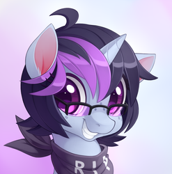 Size: 770x780 | Tagged: safe, artist:lordyanyu, oc, oc only, pony, unicorn, bandana, freckles, glasses, grin, portrait, smiling, solo