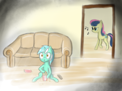Size: 4248x3184 | Tagged: safe, artist:vunlinur, bon bon, lyra heartstrings, sweetie drops, earth pony, pony, g4, couch, duo, food, popcorn, television