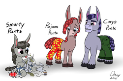 Size: 1000x664 | Tagged: safe, artist:omny87, derpy hooves, smarty pants, oc, oc:cargo pants, oc:pajama pants, donkey, g4, clothes, craft, doll, female, filly, headcanon, heterochromia, pants, parent, ponified, sewing, toy