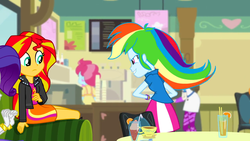 Size: 1280x720 | Tagged: safe, screencap, dj pon-3, rainbow dash, rarity, sunset shimmer, vinyl scratch, equestria girls, g4, my little pony equestria girls: rainbow rocks, cupcake, drink, female, food, milkshake