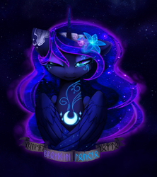 Size: 3862x4352 | Tagged: safe, artist:magnaluna, princess luna, g4, absurd resolution, color porn, female, flower, glowing, looking at you, one eye closed, portrait, runes, solo