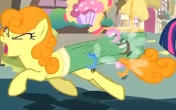 Size: 381x240 | Tagged: safe, screencap, carrot top, golden harvest, parasprite, pony, g4, swarm of the century, clothes, cropped, female, mare, running, screaming, skirt, skirt pull