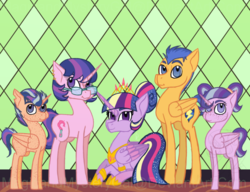 Size: 1024x788 | Tagged: safe, artist:magicandmysterygal, flash sentry, twilight sparkle, oc, oc:lilac luster, oc:simple question, oc:sun spot, alicorn, pony, g4, alicorn oc, alternate hairstyle, ear piercing, earring, family, female, freckles, jewelry, male, offspring, older, parent:flash sentry, parent:twilight sparkle, parents:flashlight, piercing, ship:flashlight, shipping, straight, twilight sparkle (alicorn)