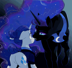 Size: 760x719 | Tagged: safe, artist:equum_amici, artist:kianamai, nightmare moon, rarity, alicorn, pony, unicorn, g4, :t, alternate timeline, animated, bedroom eyes, boop, butt, cinemagraph, cute, eye contact, featureless crotch, female, floppy ears, glowing eyes, grin, lesbian, missing accessory, night maid rarity, nightmare takeover timeline, nose wrinkle, noseboop, nuzzling, plot, raised hoof, scrunchy face, ship:nightrarity, shipping, smiling, wide eyes